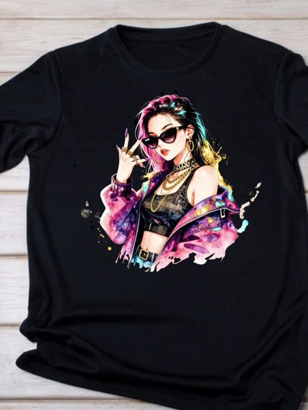 Luxury Custom Neon Urban Streetwear Girl Black Graphic Tee - L